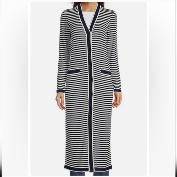 NWT Lauren Ralph Lauren Long Striped Silk Blend Cardigan Navy Nautical Size L - Picture 4 of 16